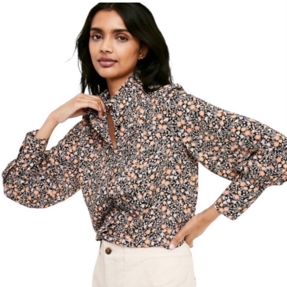 Nili Lotan for target Floral Print Long Sleeve Pleated Blouse Black Yellow XXS